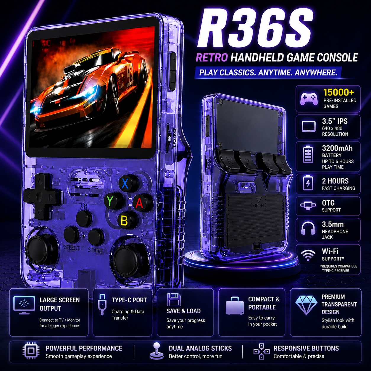 R36S Retro Handheld Game Console β 3.5" IPS Screen, 3200mAh Battery, 15000+ Games, Portable Gaming Console